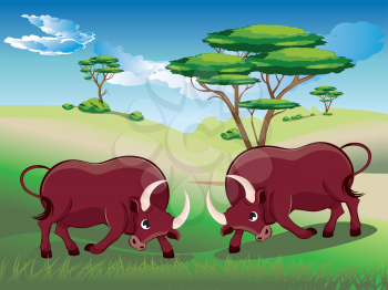 Countryside landscape with cartoon brown bull illustration.