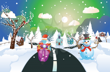 Cartoon Santa Claus in face mask rides scooter with gifts on night winter town.