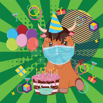 Cute cartoon bull with chocolate cake in face mask illustration.