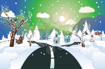 Winter road to the snowy village landscape, Christmas greeting.