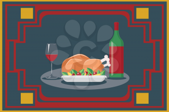 Tasty roasted turkey or chicken with vegetables on a plate and glass of red wine, traditional holiday dinner.