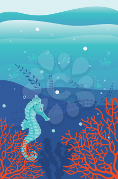 Abstract cartoon seahorse, colorful underwater landscape illustration.