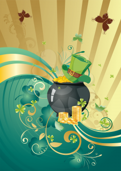 Decorative gold and green design with shamrock for St Patricks Day, holiday background.