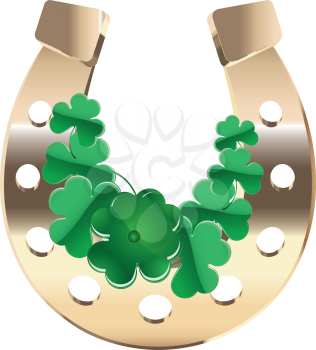 Luck symbol, gold horseshoe with green clover on white background.