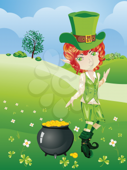 Cartoon leprechaun boy with treasure pot on a grass field.