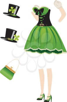 Green leprechaun girl dress with accessories on white background.