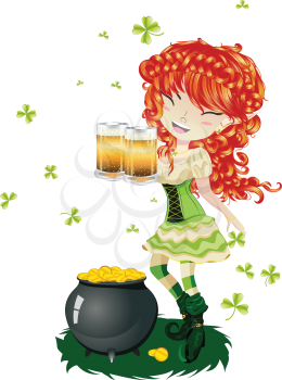 Pretty leprechaun girl with beer, St. Patrick's Day illustration.