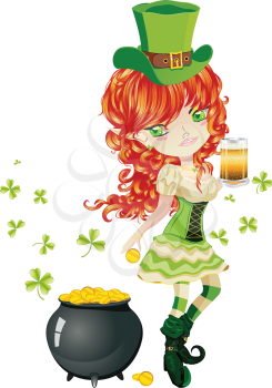 Pretty leprechaun girl with beer, St. Patrick's Day illustration.