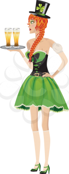 Beautiful red haired leprechaun girl with glass of beer on white background.