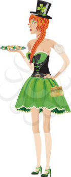 Beautiful red haired leprechaun girl with gold coins on white background.