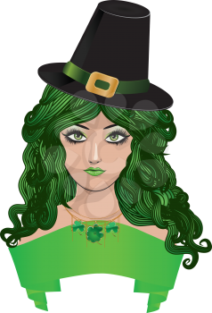 Illustration of girl with green hair and black hat, leprechaun girl.
