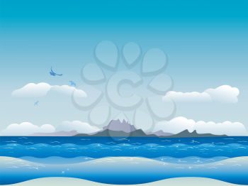 Small tropical islands in the ocean over blue sky background.
