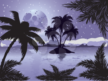 Palm trees silhouette on night tropic beach background with abstract moon.