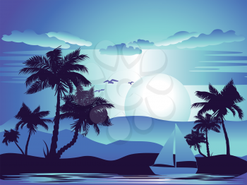 Tropical landscape with palm trees at night.