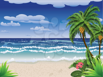 Summer beach with palm tree, flowers and blue sea.
