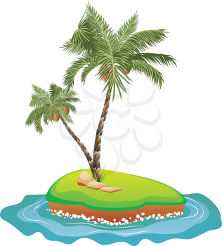 Tropical island with palm trees illustration and sea waves.