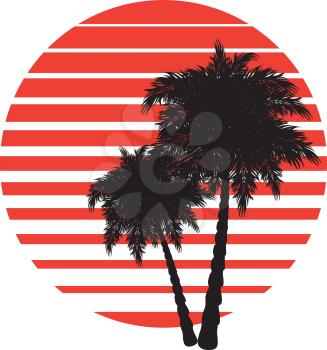Stylized striped sun and palm tree abstract futuristic design background.