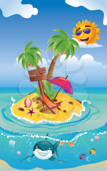 Cartoon tropical island in the ocean and smiling shark.
