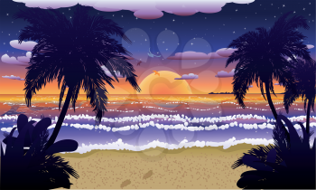Tropical beach with palm trees at sunset or sunrise time.