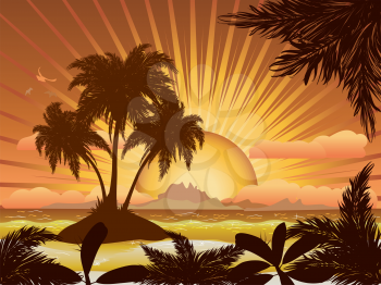 A tropical island with palms at sunset background.