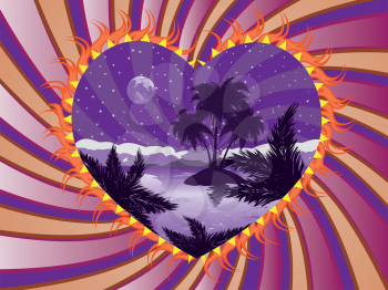 Romantic background with tropical island at night in a heart frame.