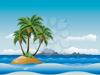 A tropical island with palm trees in the ocean.