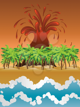 Cartoon tropical island with exploding volcano background.