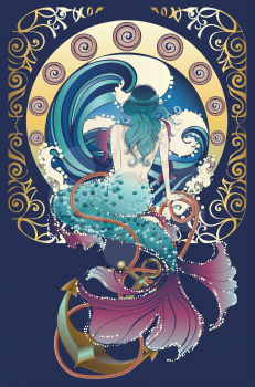 Fantasy mermaid sitting, vintage art nouveau design illustration.
