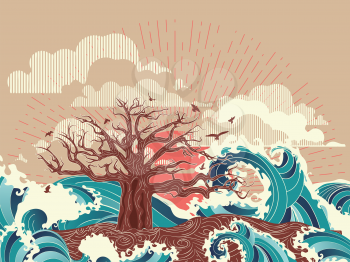 Stylized tree and stormy ocean or sea at sunset, art poster design.