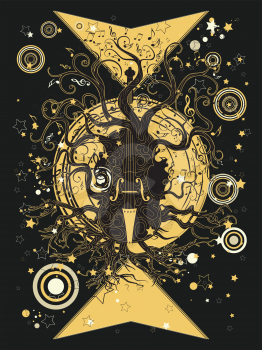 Retro style geometric music themed poster with violin tree design.