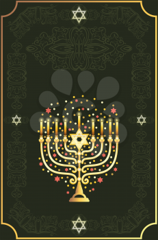 Jewish golden menorah with candles and florals, greeting card for Hanukkah, Jewish festival of lights decoration symbol.