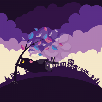 Cartoon tree and black cat in the storm and distant city, windy weather.