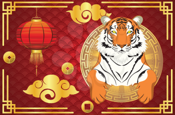 Decorative Chinese new year card with cute tiger illustration.
