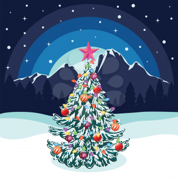 Cartoon evergreen tree with Christmas decorations in the forest, greeting card design. 