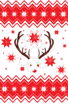Retro nordic pattern with deer in red and white colors.