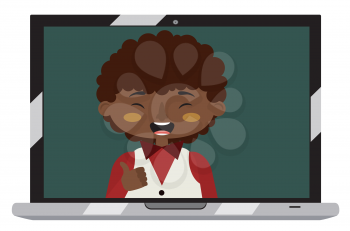 Cartoon afro american boy on laptop screen, chatting online, distance technology concept.