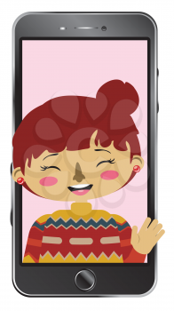 Cartoon asian girl on smartphone screen, chatting online, distance technology concept.