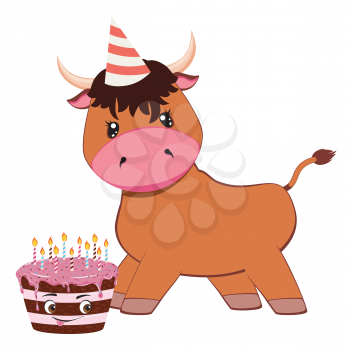 Cute cartoon brown bull with chocolate cake illustration.