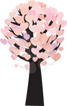 Silhouette of a tree with pink hearts on white background.
