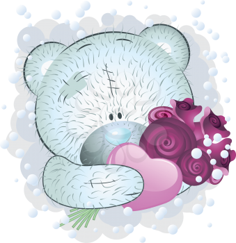 Cute cartoon blue teddy bear with heart and roses on white background.