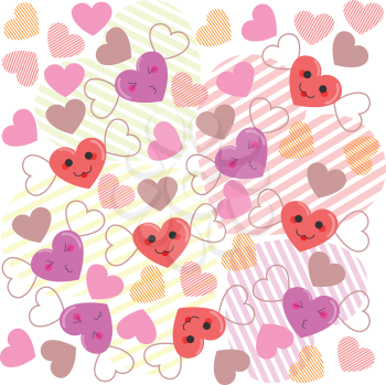 Illustration of cute cartoon hearts with faces pattern background.
