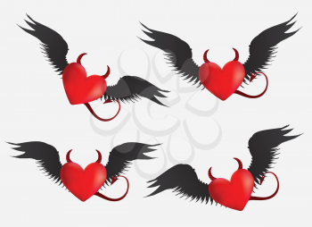 Set of red devil hearts with black wings on light grey background.