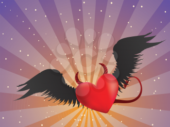 Valentine red heart with black angel wings on background with rays.