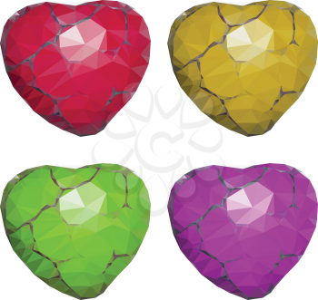 Colorful low poly stone hearts with cracks set. 