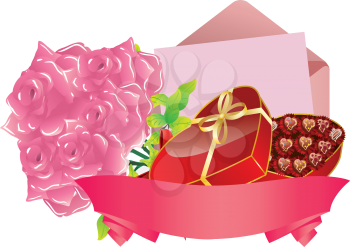 Illustration of gift box, pink roses, letter and ribbon on white background.