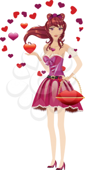 Beautiful girl in lovely Valentine's Day outfit with fashion handbag.