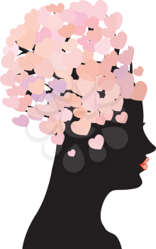 Silhouette of a girl with red lips and pink hearts on her head.