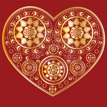 Illustration of abstract golden ornamental heart on red background.