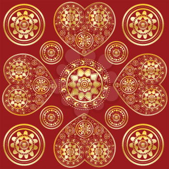 Illustration of abstract golden ornament with hearts on red background.