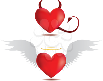 Illustration of angel and devil red hearts on white background.